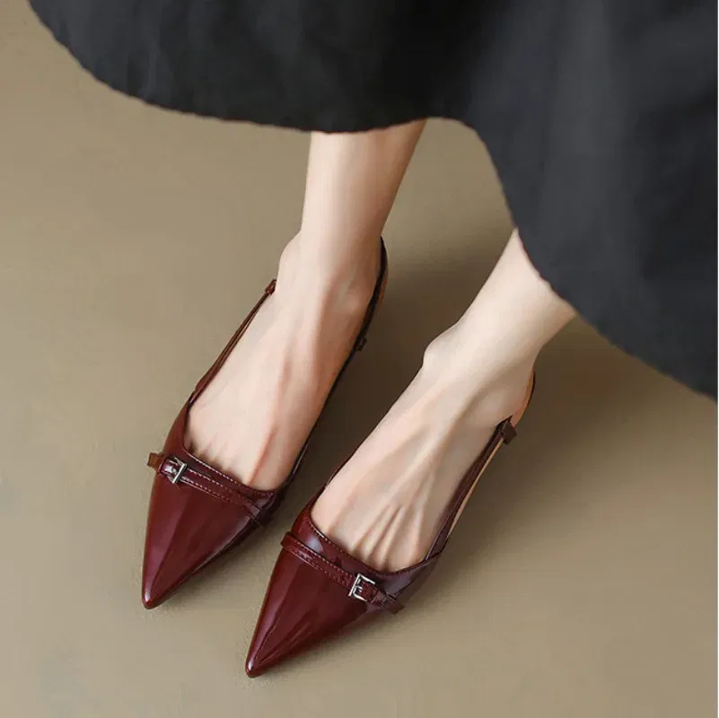 Color: black, Shoe Size: 40 - 2024 New Summer Women's Dress Shoes Patent Leather Slip on Pointed Toe Sandals Buckle Slingbacks Mid Heels Pumps Sandalias Mujer