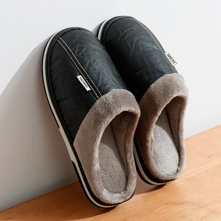 Color: black, Shoe Size: 10 - Big Size Winter Casual Men's Slippers Indoor Waterproof PU Leather Home Shoes Fur Flat Warm Fashion Bedroom Houseshoes