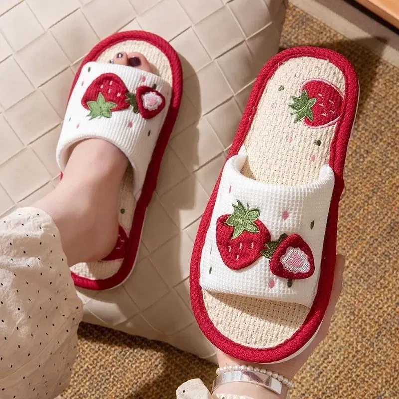 Shoe Size: 38-39, Color: Beige - Strawberry Linen Upper Sweet Home Girl's Soft Soles Silent Non-slip Floor Slippers in Line with Human Bow Science Shoes Sandals