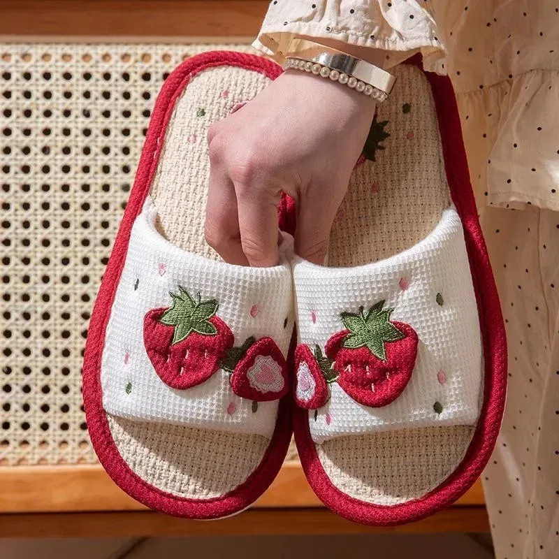 Shoe Size: 38-39, Color: Beige - Strawberry Linen Upper Sweet Home Girl's Soft Soles Silent Non-slip Floor Slippers in Line with Human Bow Science Shoes Sandals