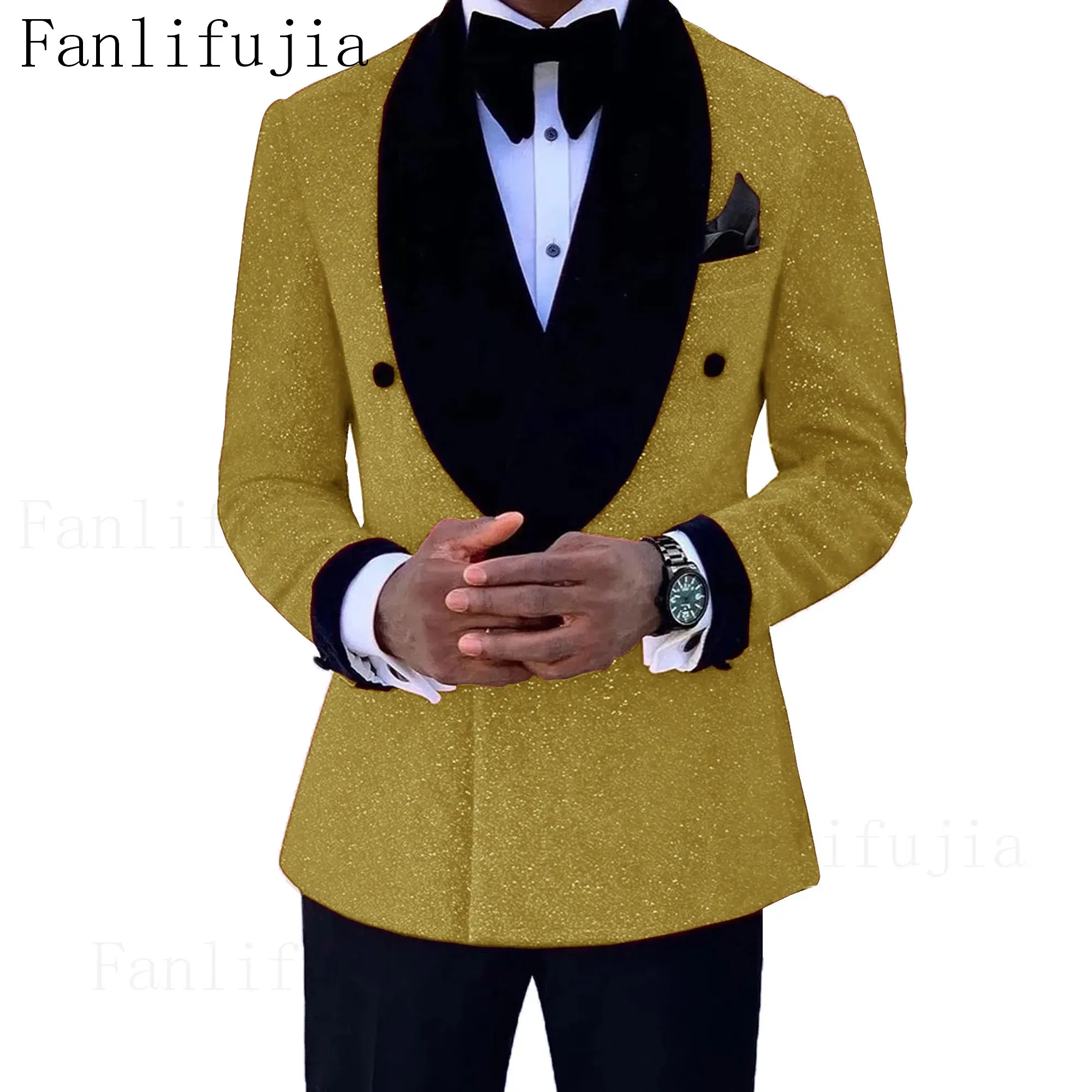 Color: Gold, Size: L - Fanlifujia Luxury Red Glitter Suits Men Groom Wedding Tuxedo Double Breasted Blazer Formal Evening Party Prom Dress 2 Pieces Set