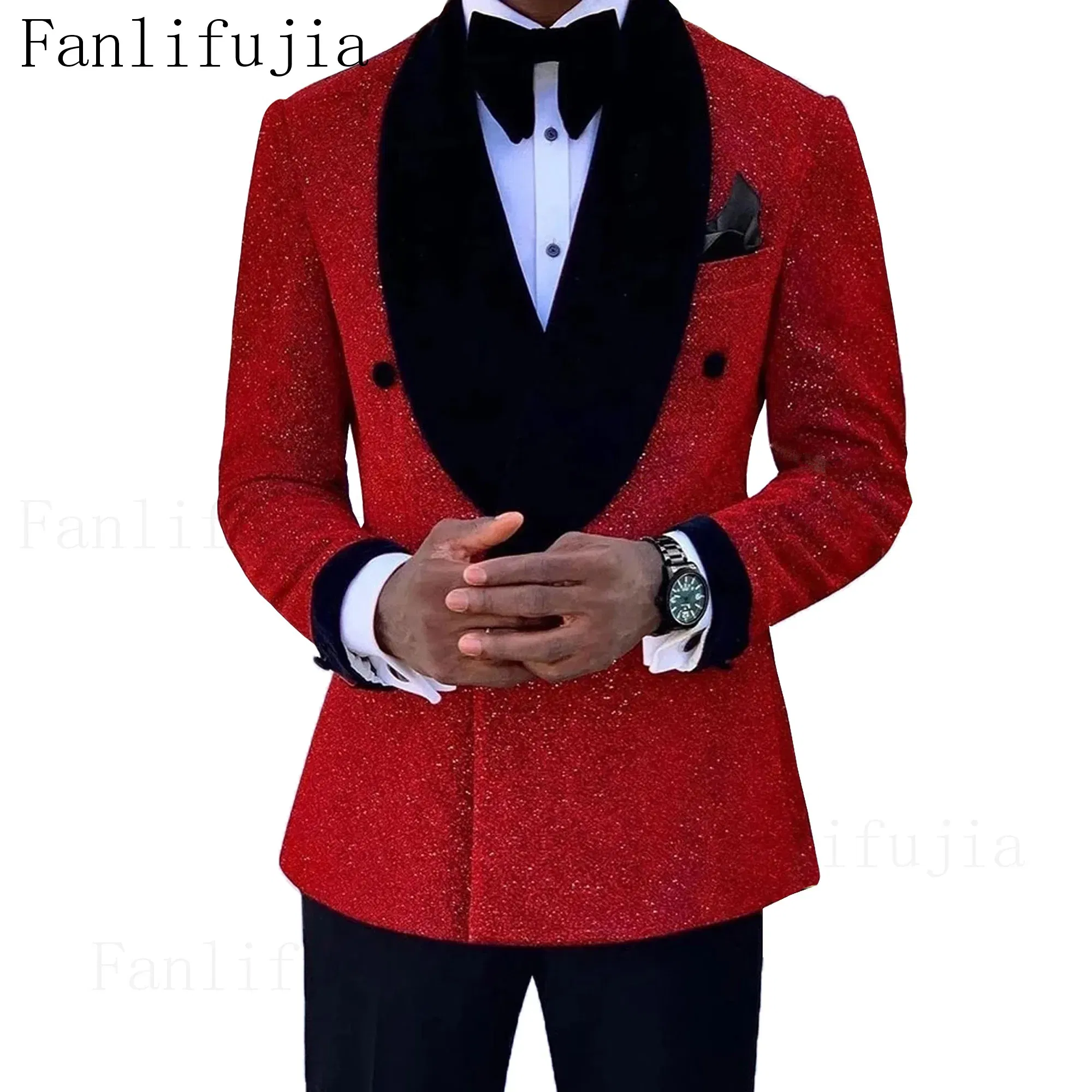 Color: Gold, Size: L - Fanlifujia Luxury Red Glitter Suits Men Groom Wedding Tuxedo Double Breasted Blazer Formal Evening Party Prom Dress 2 Pieces Set