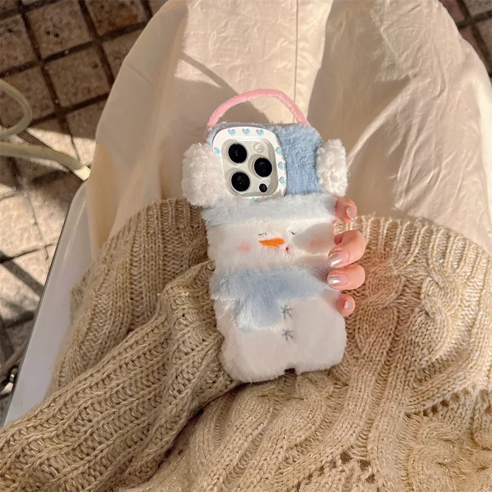 Color: Beige, Material: Silicon - Cute Cartoon Furry Snowman Case for iPhone 16 15 14 Pro Max 12 13 11 16Pro Plush Winter Warm Love Heart Soft Shockproof Cover