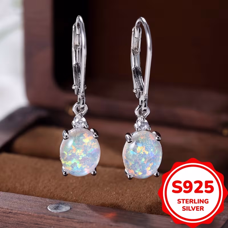 ANGOL® S925 Round-Cut Opal Dangle Earrings – Green Fire Opal Rhodium Plated Women’s Jewelry