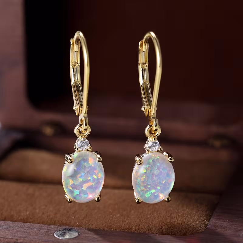 ANGOL® S925 Round-Cut Opal Dangle Earrings – Green Fire Opal Rhodium Plated Women’s Jewelry
