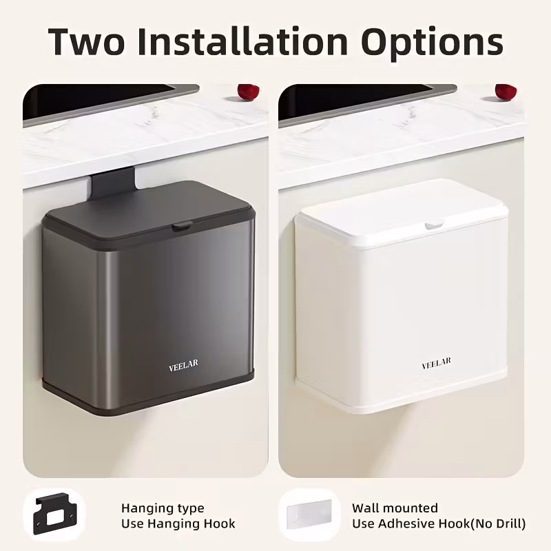 VEELAR 6L/1.58 Gallon Small Covered Trash Can – Wall Mounted, Can Be Hung on Cabinets/Glued to Walls/Placed on Tables