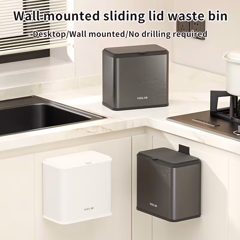 VEELAR 6L/1.58 Gallon Small Covered Trash Can – Wall Mounted, Can Be Hung on Cabinets/Glued to Walls/Placed on Tables