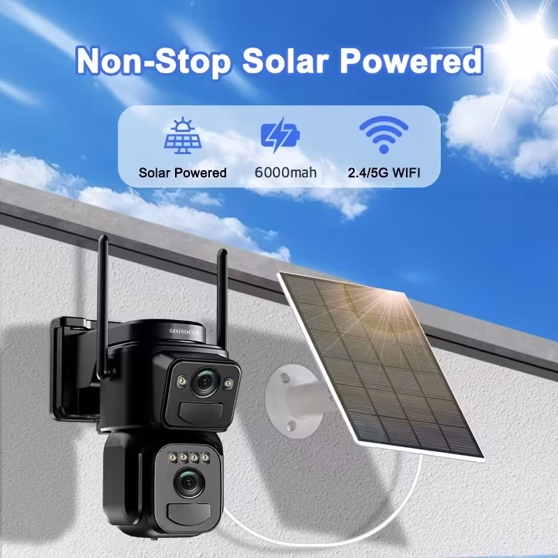 SZSINOCAM® Dual Lens Dual Screen 1080P Solar Security Camera – Wireless Outdoor 360° View with Spotlight and Color Night Vision