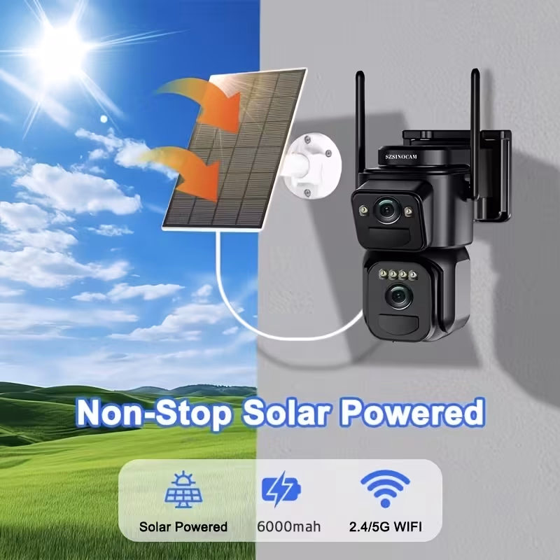 SZSINOCAM® Dual Lens Dual Screen 1080P Solar Security Camera – Wireless Outdoor 360° View with Spotlight and Color Night Vision