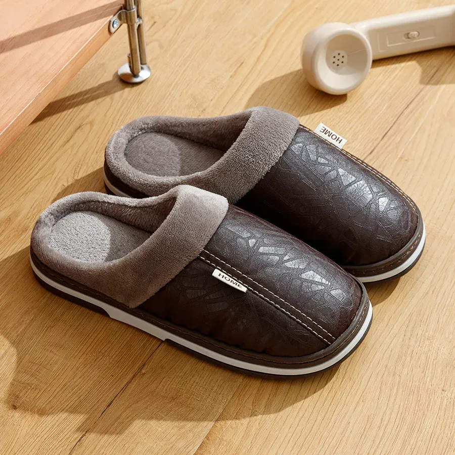 Color: Brown, Shoe Size: 8 - Big Size Winter Casual Men's Slippers Indoor Waterproof PU Leather Home Shoes Fur Flat Warm Fashion Bedroom Houseshoes