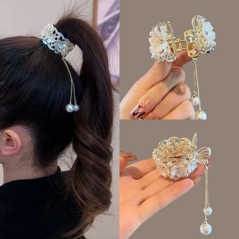 Color: Silver - Fashion Rhinestone Tassel Pearl Hair Claws Flowers Hair Clip Women Barrettes Ponytail Holder Hairpins Hair Accessories Gifts