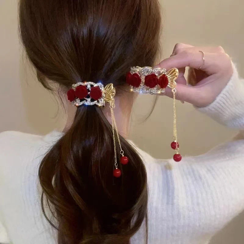 Color: Silver - Fashion Rhinestone Tassel Pearl Hair Claws Flowers Hair Clip Women Barrettes Ponytail Holder Hairpins Hair Accessories Gifts