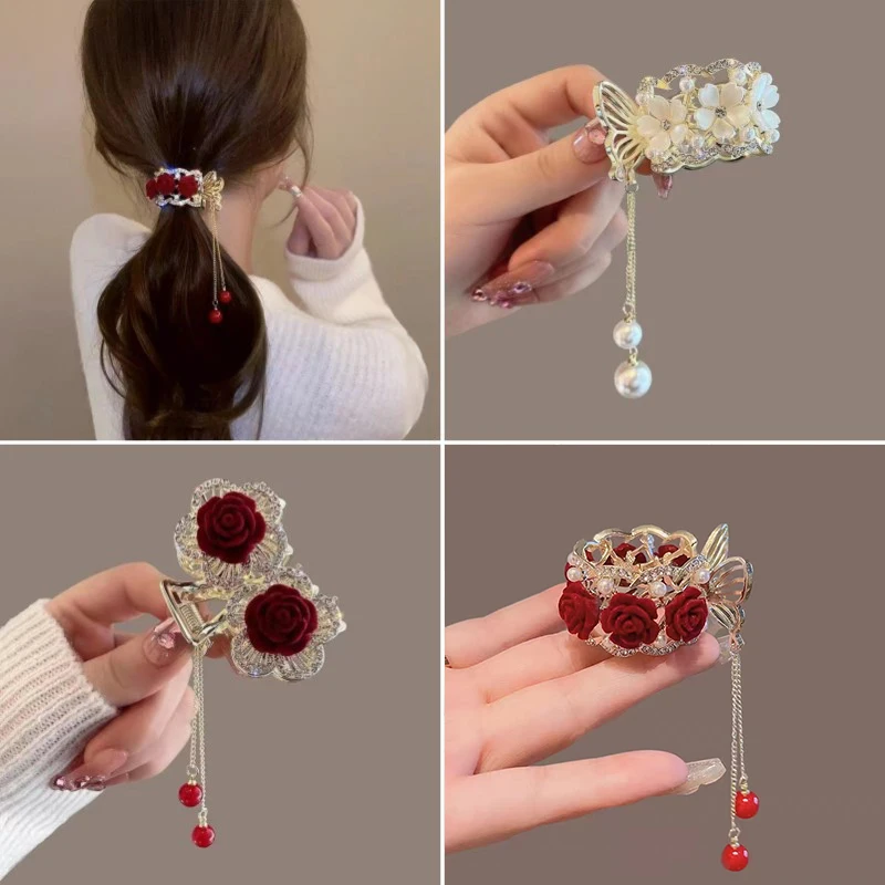 Color: Silver - Fashion Rhinestone Tassel Pearl Hair Claws Flowers Hair Clip Women Barrettes Ponytail Holder Hairpins Hair Accessories Gifts