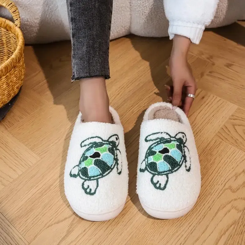 Color: Beige, Shoe Size: 4.5 - Casual Fluffy Slippers Women House Flat Cute Cartoon Designer Platform Winter Shoes Girls Home Fashion Popular Footwear Big Size