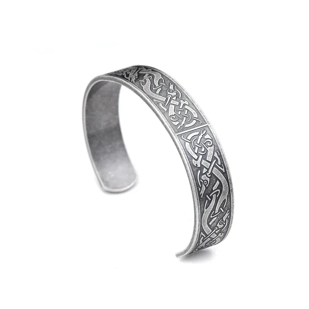 Metal Color: Silver Plated - Nordic Viking Dragon Totem Bracelet Punk Stainless Steel Opening Bangles For Men Women Fashion Amulet Jewelry Gifts Dropshipping