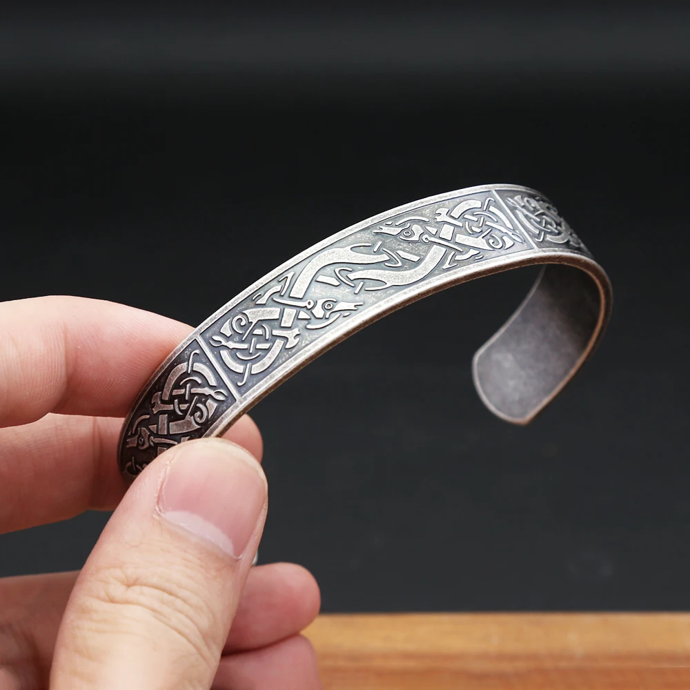 Metal Color: Silver Plated - Nordic Viking Dragon Totem Bracelet Punk Stainless Steel Opening Bangles For Men Women Fashion Amulet Jewelry Gifts Dropshipping