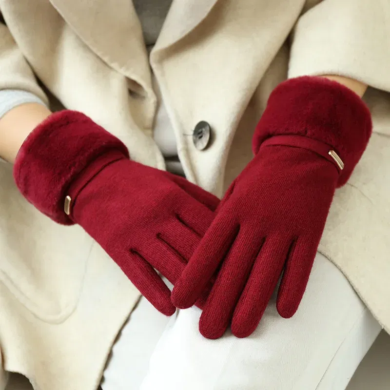 Color: WHITE, Gloves Size: One Size - Winter Women Keep Warm Plus Velvet Touch Screen Thicken Plush Wrist Suede Gloves Fashion Personality Elegant Drive Cycling