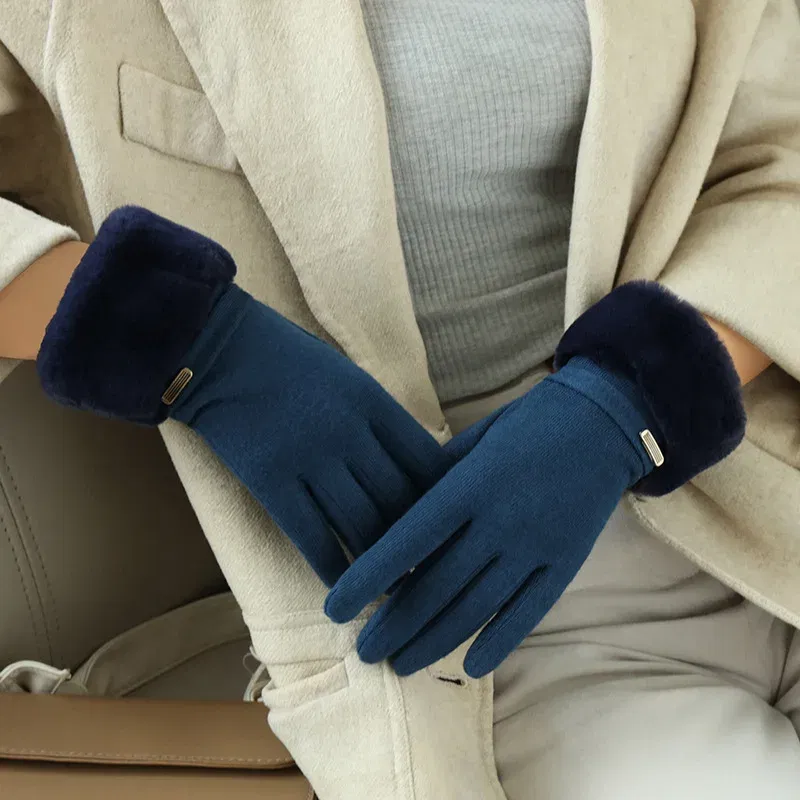 Color: WHITE, Gloves Size: One Size - Winter Women Keep Warm Plus Velvet Touch Screen Thicken Plush Wrist Suede Gloves Fashion Personality Elegant Drive Cycling