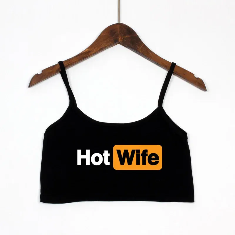 Color: SKY BLUE, Size: S - Funny HOT WIFE Letters Print New Sexy Crop Top Summer Women's Sexy Elastic Cotton Camis Sleeveless Short Tank Top Bar Women