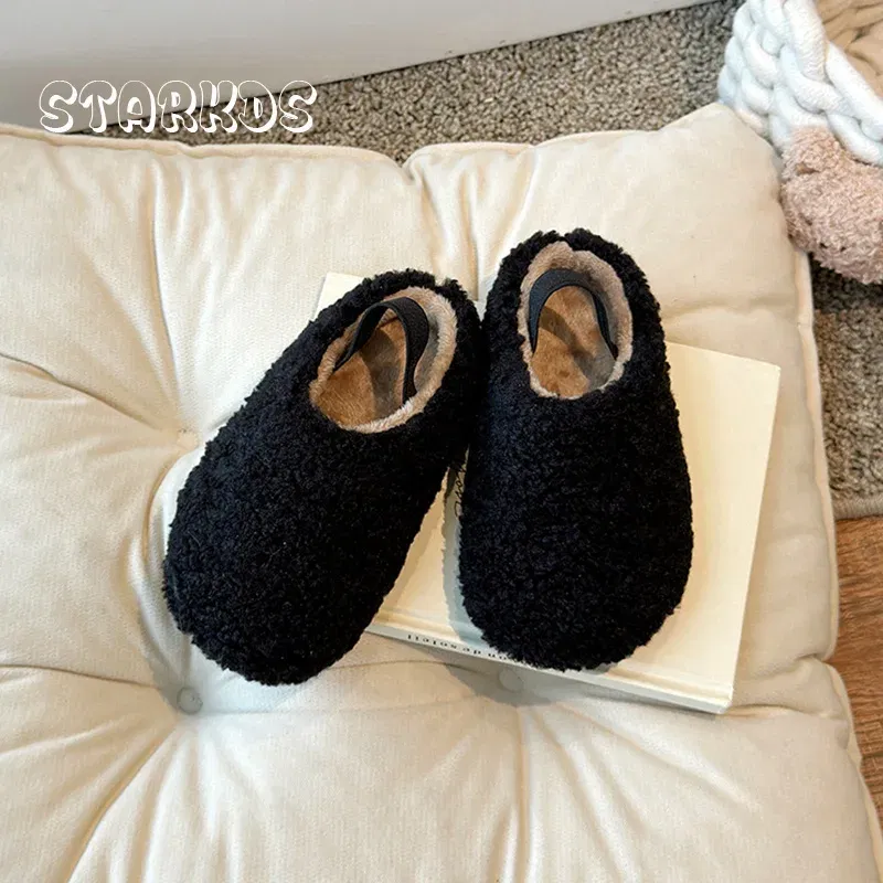 Color: black, Shoe Size: 23.5 - Teddy Fur Mule For Baby Kids Winter Warm Plush Slipper Toddler Child Casual Pull-on Fluffy Cotton Shoe with Back Elastic Strap