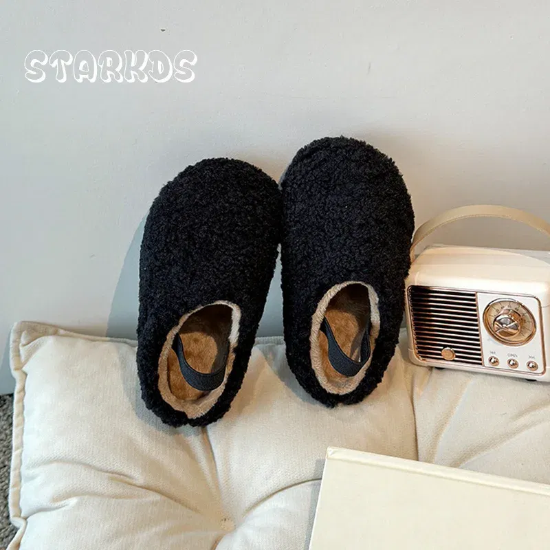 Color: black, Shoe Size: 23.5 - Teddy Fur Mule For Baby Kids Winter Warm Plush Slipper Toddler Child Casual Pull-on Fluffy Cotton Shoe with Back Elastic Strap