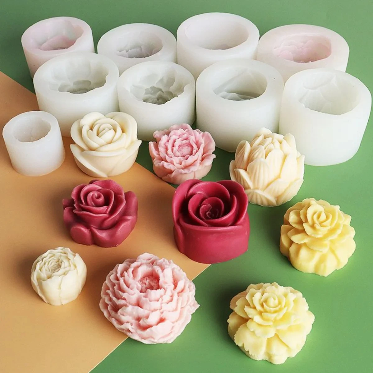 Color: light green - Lotus Flower Silicone Candle Mold Sunflower Peony Multi Style Soap Resin Crystal Mould Heart Rose Chocolate Ice Making Set Gifts