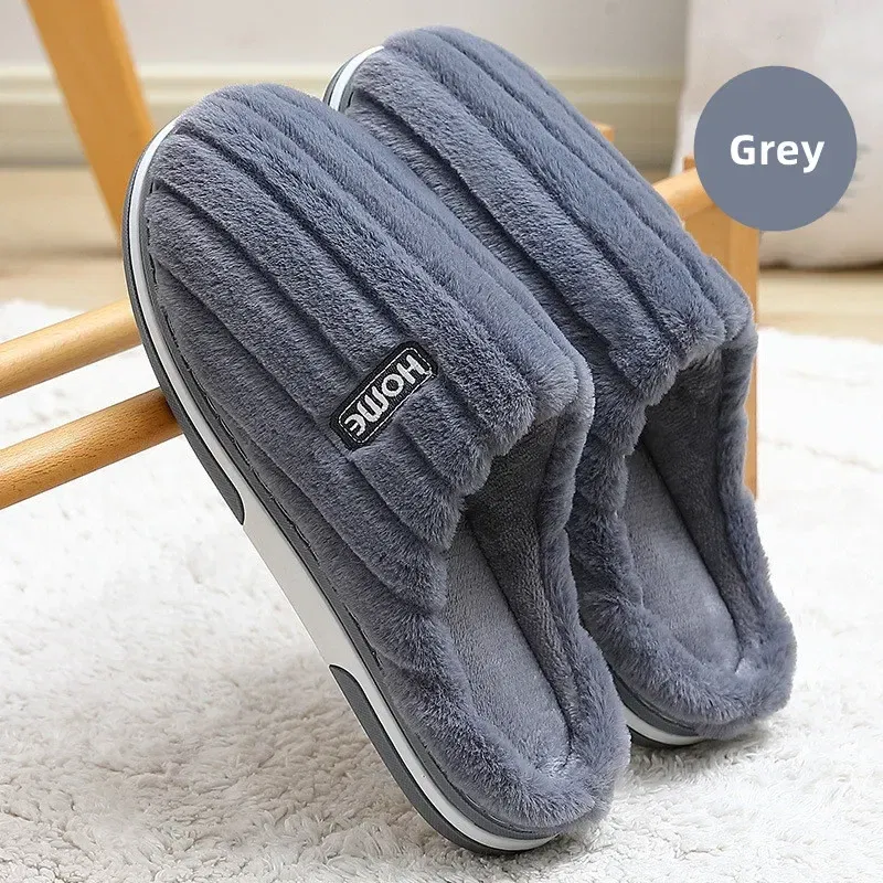 Color: GRAY, Shoe Size: 46-47 - New Men Big Size 48 49 Winter Warm Slippers Women Soft Plush Furry Shoes Casual Flats Home Couples Bedroom Anti-Slip Slides
