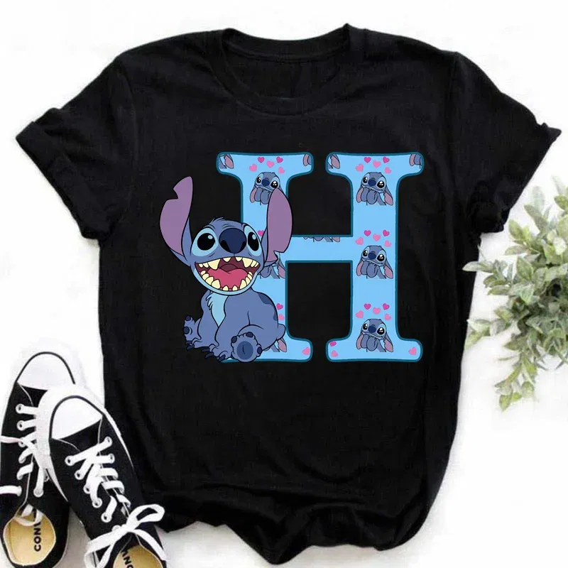Color: army green, Size: M - Disney Lilo&Stitch A-Z Alphabet Summer Women's Printed T-Shirt Women's Casual Tops T-Shirt Fashion Cartoon Plus Size T-Shirt