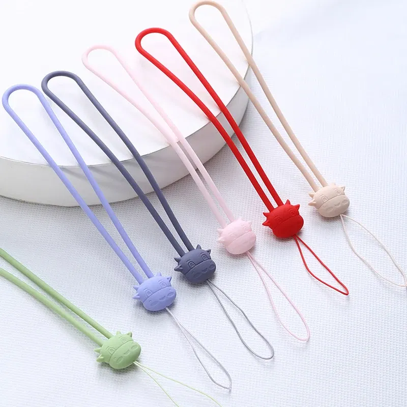 Color: Red / Pink - Cartoon cow silicone lanyard liquid short wrist lanyard creative warm hand treasure U disk sling silicone mobile phone lanyard