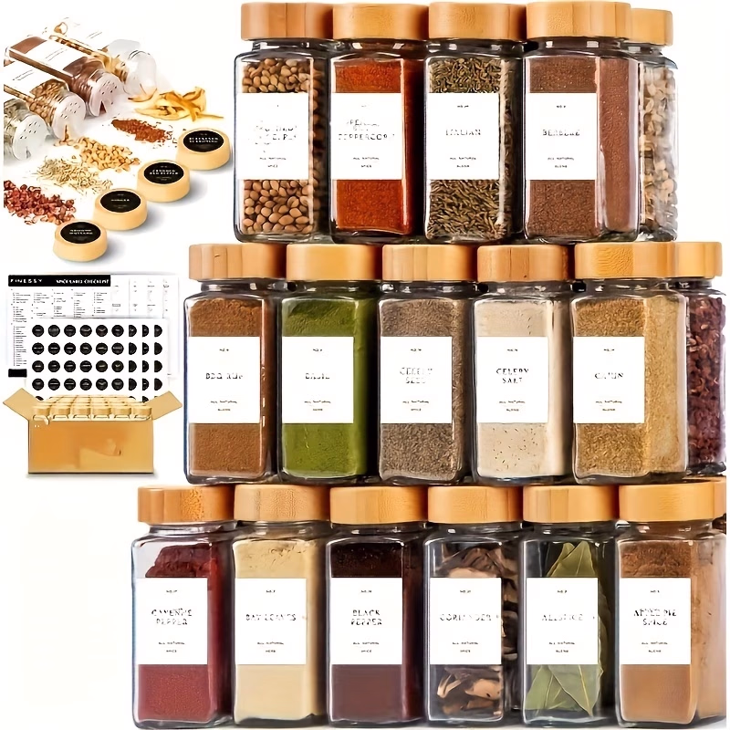 YUMIPLUS 12/24pcs 4Oz Spice Jars with Labels – Thickened Glass Seasoning Jars with Bamboo Lids