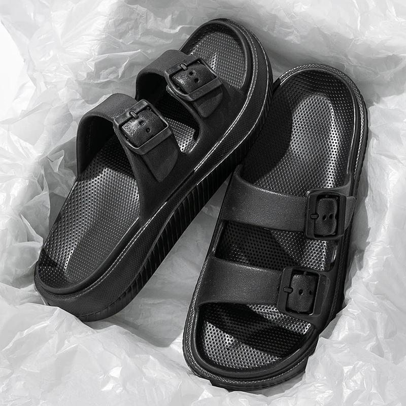 Color: Straw, Shoe Size: 33.5 - Thick Platform Cloud Slippers Women Double Buckle Soft Sole Pillow Slides Sandals Woman Summer Beach Non-Slip Flip Flops