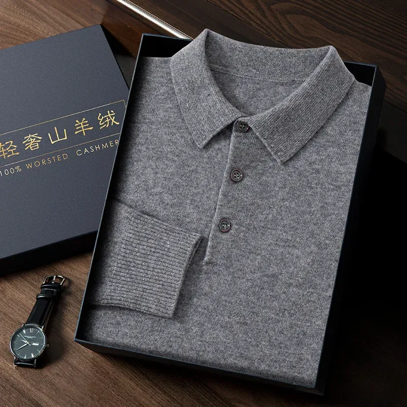 Color: GRAY, Size: L - High Quality Men's 100% Cashmere POLO Collar Pullover Soft Elastic Autumn Winter Business Casual Solid Color Knitted Sweater