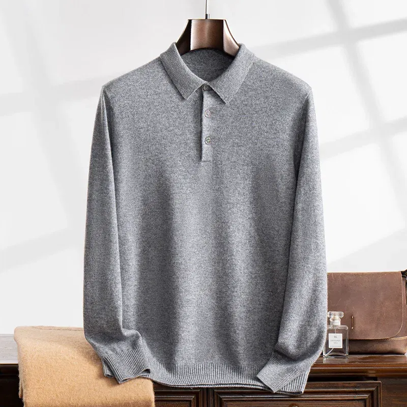 Color: GRAY, Size: L - High Quality Men's 100% Cashmere POLO Collar Pullover Soft Elastic Autumn Winter Business Casual Solid Color Knitted Sweater