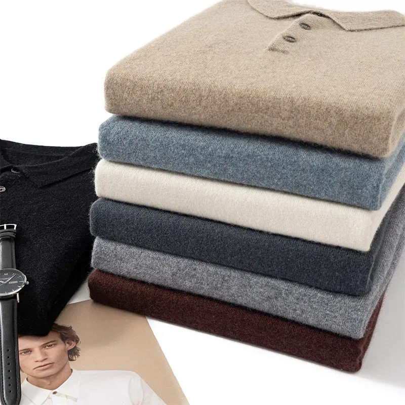 Color: GRAY, Size: L - High Quality Men's 100% Cashmere POLO Collar Pullover Soft Elastic Autumn Winter Business Casual Solid Color Knitted Sweater