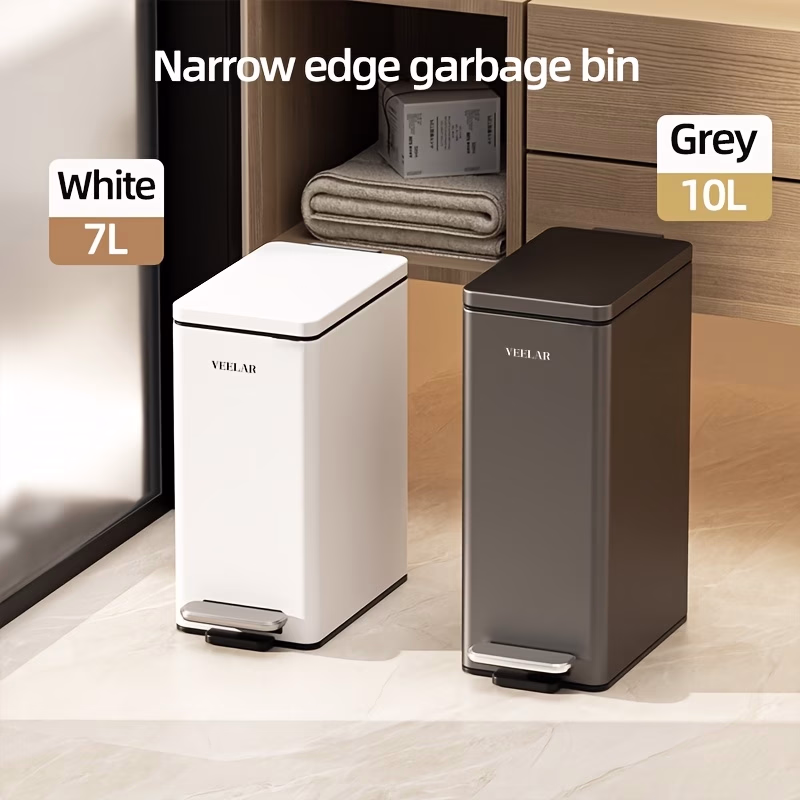 VEELAR Covered Stainless Steel Trash Can – Super Narrow Rectangular Foot Pedal Bin