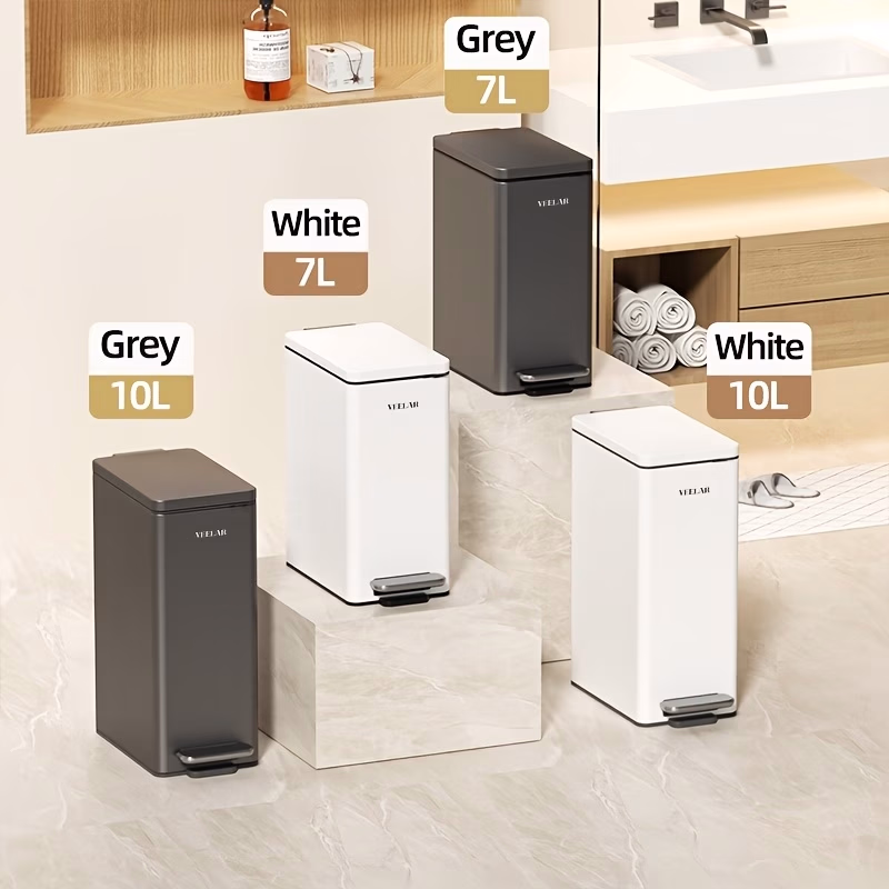 VEELAR Covered Stainless Steel Trash Can – Super Narrow Rectangular Foot Pedal Bin