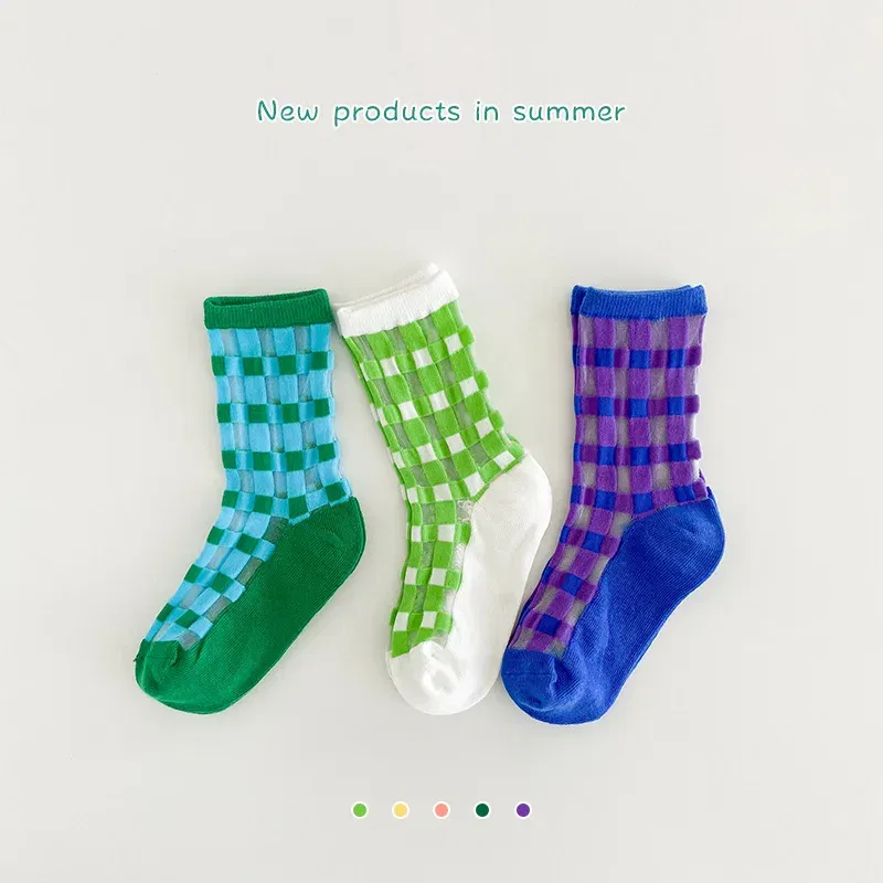 Color: Sky blue, Size: 7-9T - Boys Summer Socks Girls Thin Socks Trendy Pattern Crew Socks Children Socks 3 Pairs