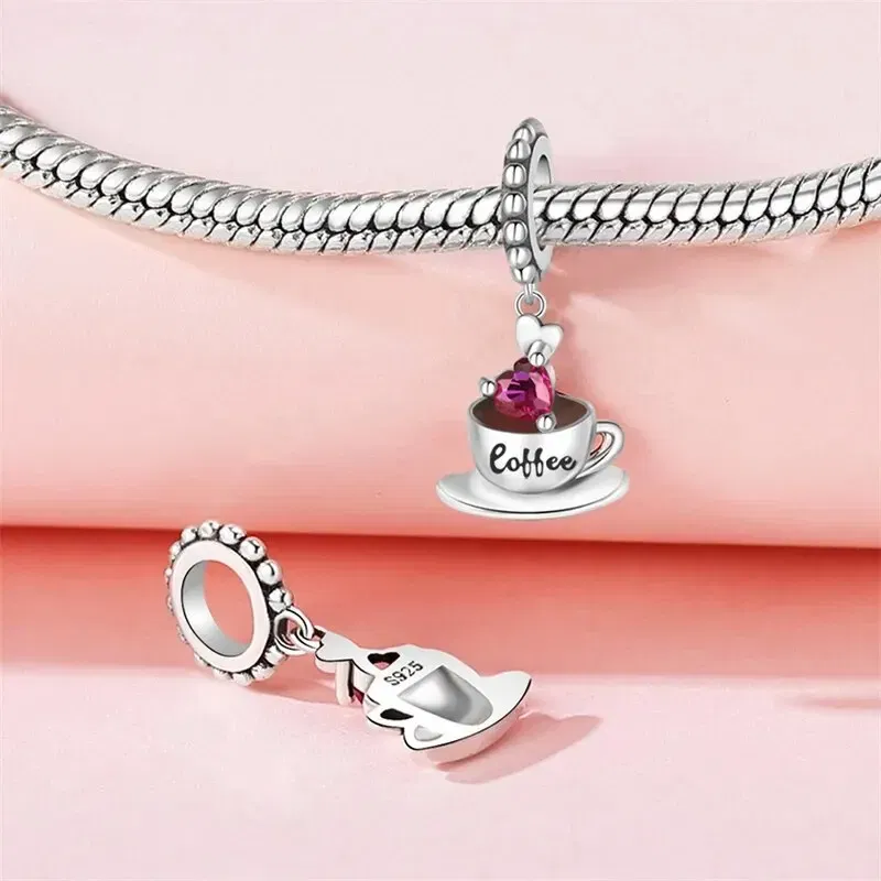 Color: WHITE - Real 925 Sterling Silver Love Coffee Charm Bead Fits Original Pandora Bracelet Necklace Women Pendant Diy Fine Jewelry Hot