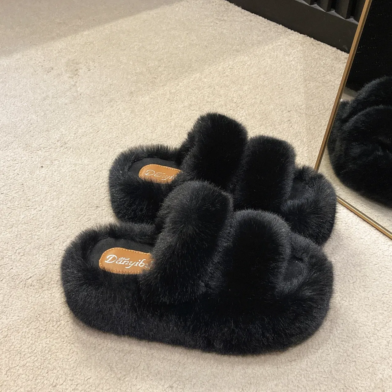Color: black, Shoe Size: 41 - New Winter Open Toe Slipper Fur Thick Sole Flats Heel Ladies Casual Slip On Bedroom Shoes Soft Outdoor Fashion Fur Slippers