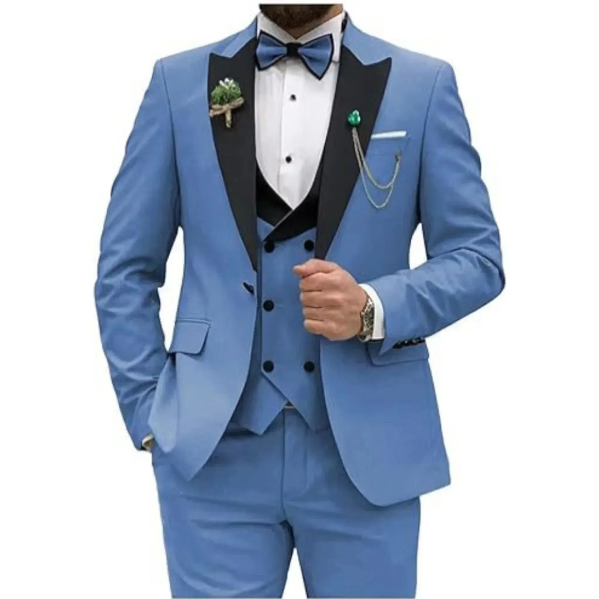 Color: Blue, Size: One Size - Men Suit Colorful Luxury Blazer Vest And Pant Sets 3 Piece Birthday Dress Business  Prom Evening Party Costumes High Quality