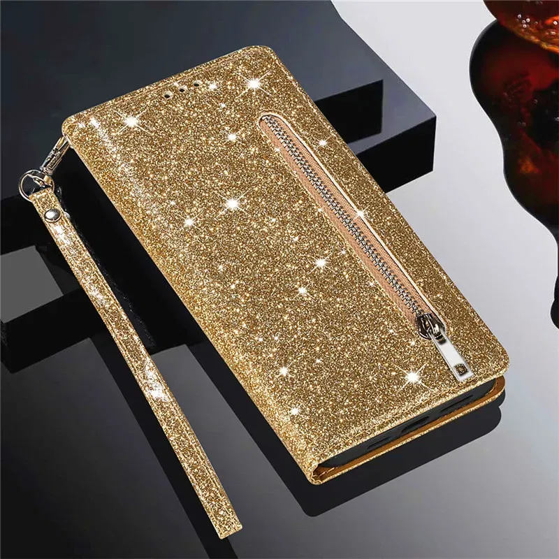 Color: Gold, Material: PVC - Zipper Flip Wallet Glitter Leather Case for iPhone 16 15 14 13 12 11 Pro Max XS XR 8 7 Plus SE 2022 Mini Bling Stand Phone Cover