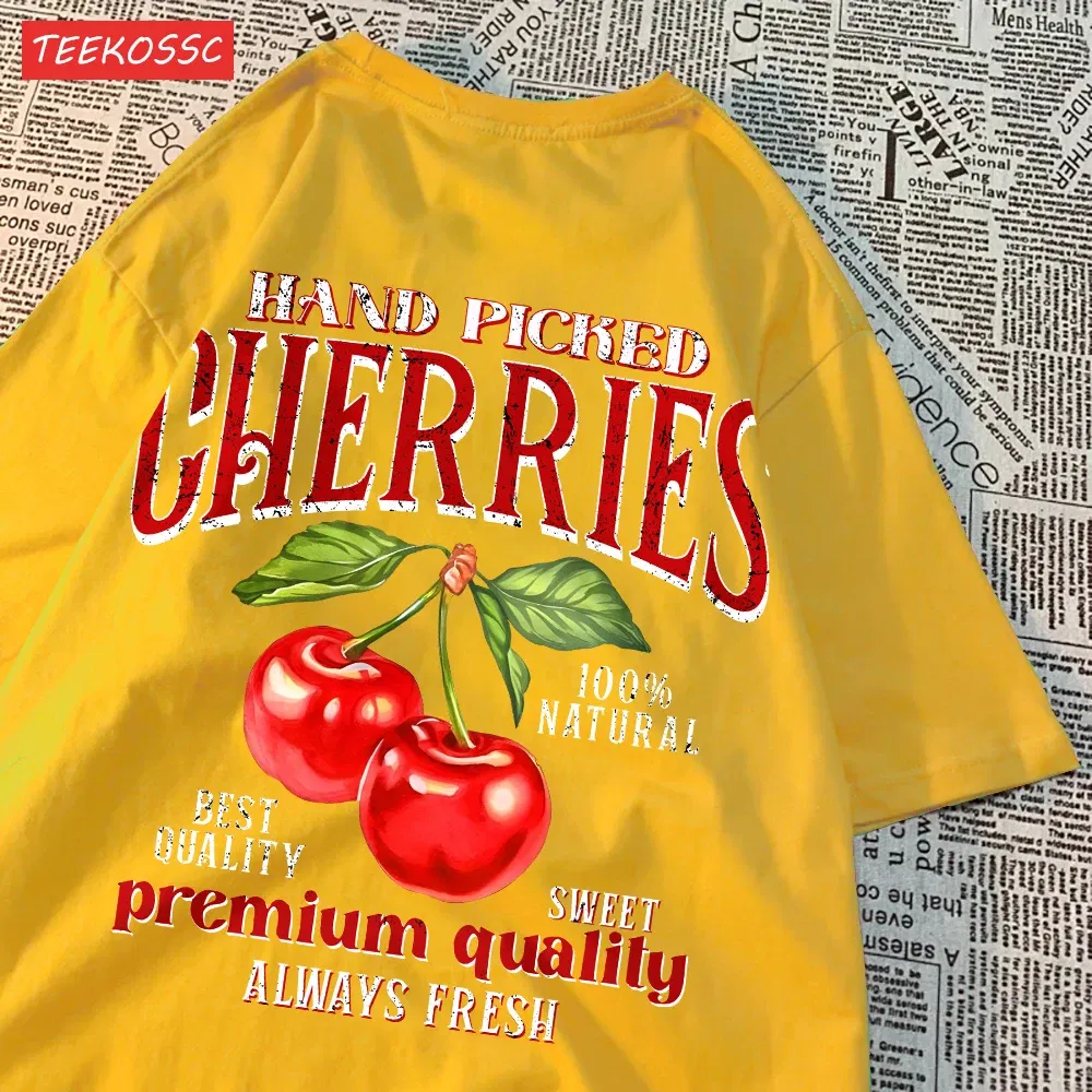 Color: Brown, Size: XXL - Summer Lemon Cherries Prints T-Shirts Cotton Women's Tops Oversize O-Neck Soft Short Sleeve tees Street Casual Womans Clothes