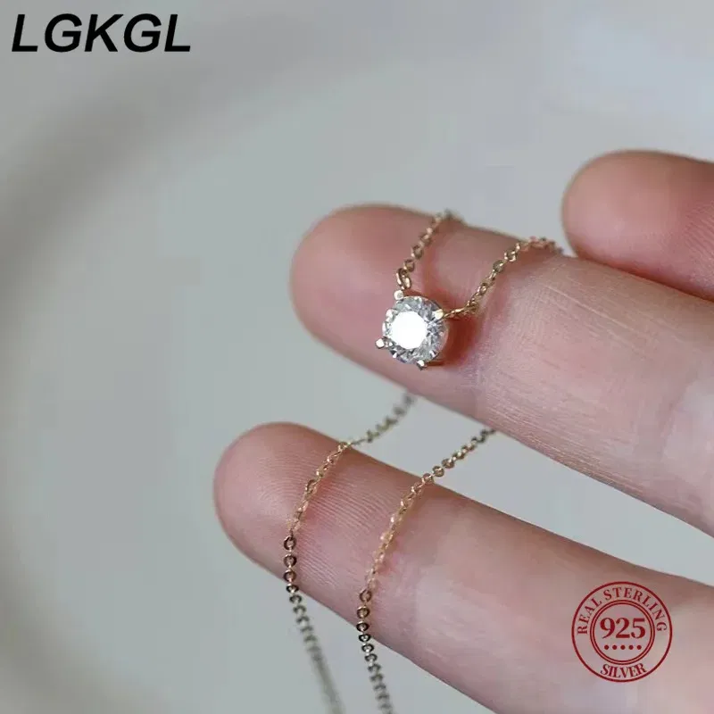 Gem Color: Black, Length: 45cm - LGKGL 925 Sterling Silver 18k Gold Plated Necklaces Versatile Single Sparkling 6mm Zircon Clavicle Chain Female Wedding collars
