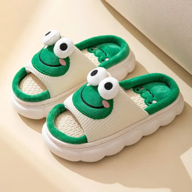 Color: light green, Shoe Size: 40-41 - Women Cartoon Frog Slippers Winter Warm Indoor Home Slides Linen Thick Sole Couple Slipper Bedroom Anti Slip Shoes Sandals