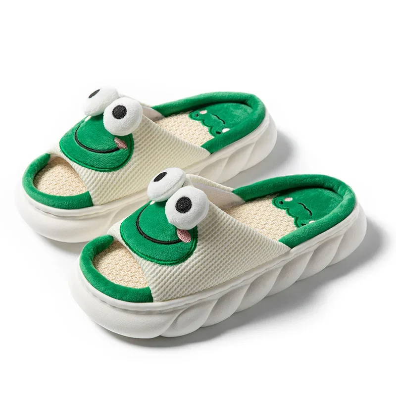 Color: light green, Shoe Size: 40-41 - Women Cartoon Frog Slippers Winter Warm Indoor Home Slides Linen Thick Sole Couple Slipper Bedroom Anti Slip Shoes Sandals