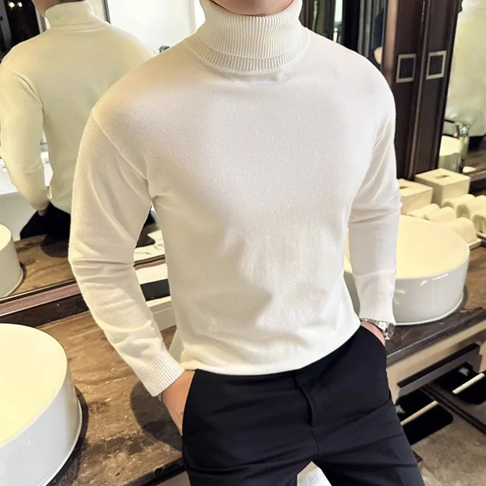 Color: WHITE, Size: L - Korean Fashion Autumn Winter Sweaters Men Pullovers Fleece Turtleneck Knitted Sweatshirt Warm Bottoming Shirts