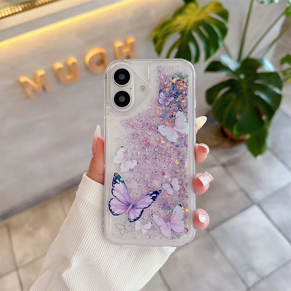 Color: PURPLE, Material: Denim - Luminous Quicksand Glitter Butterfly Case for iPhone 16 15 14 Pro Max Plus 13 12 Mini 11 X Xs XR Soft Silicone Bling Shiny Cover