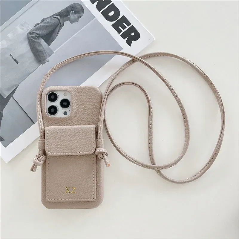 Color: Khaki, Material: leather - Personalized Gold Silver Letters Leather PU Card Holder Lanyard Hard Case For iPhone 14 13 12 11 15 Pro Max XS XR 16  Plus Cover