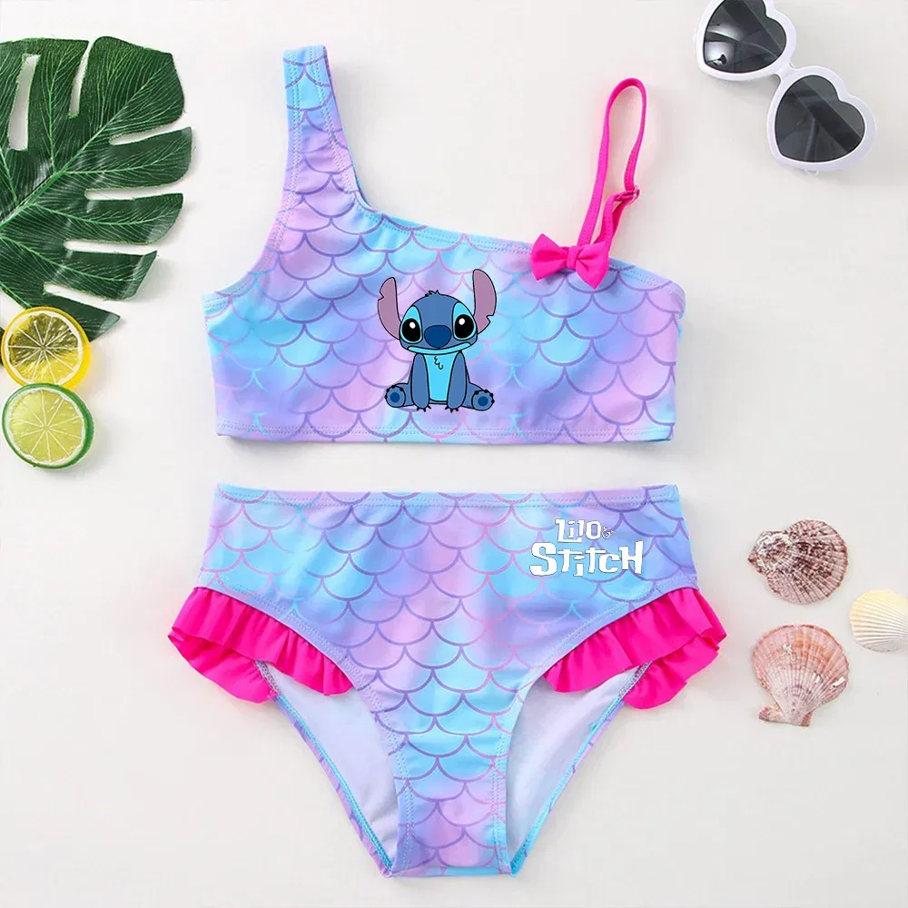 Color: Lavender, Size: M - Lilo Stitch Girls Swimsuit One-Piece Bathing Suits Kids Wear Fashion Mermaid Fish Children's Dresses Summer Swimwear Beach Suit