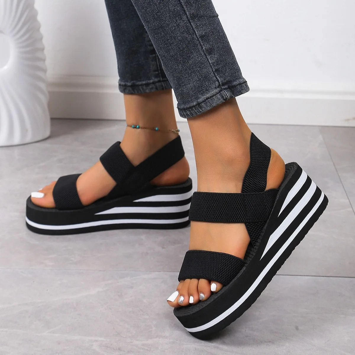 Color: Blue, Shoe Size: 40 - Women's Light Weight Wedge Sandals Open Toe Platform Thick Soled Summer Casual Slingback Shoes with Back Strap Leisure Footwear